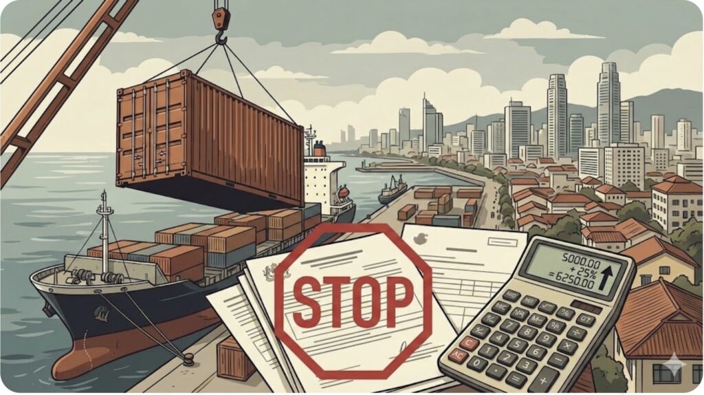 マレーシアでの輸入許可証（AP）手数料増加と関税回避地の規制強化により、日本からの輸出コストが増大している様子。