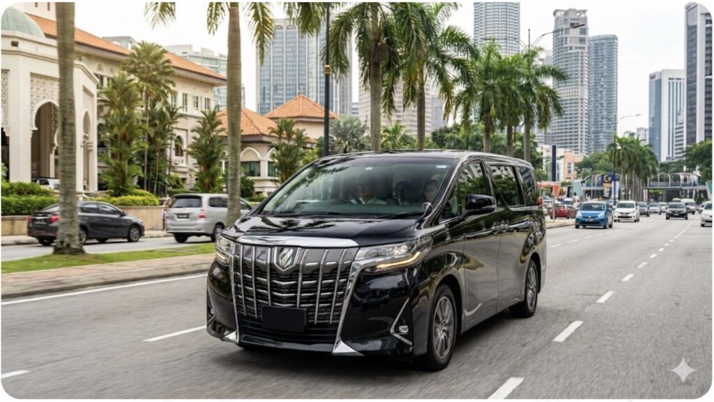 マレーシアの街中を走る30系アルファード（後期型）の様子。巨大なフロントグリルが現地で「成功者の証」として支持されている様子を表現している。