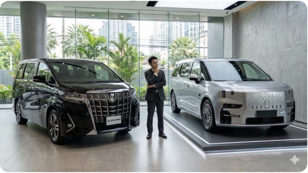 マレーシア市場における、アルファードと中国製EVミニバン（BYD Denza D9やZeekr 009などを想起させる車両）が競争している様子。消費者がどちらを選ぶか悩んでいるイメージ。