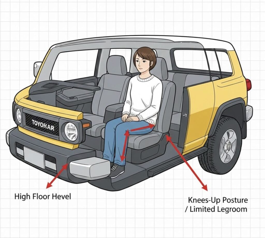 ラダーフレーム車特有の後部座席の居住性を示したイメージ。床が高く、座面が低いために膝を立てた姿勢を強いられる様子