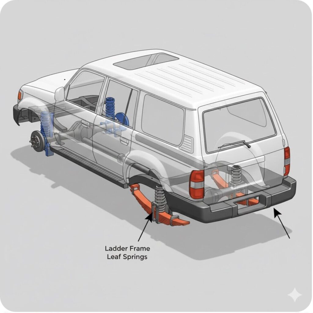 ランドクルーザー70のラダーフレーム構造と後輪のリーフスプリング（板バネ）を示す技術的な図解