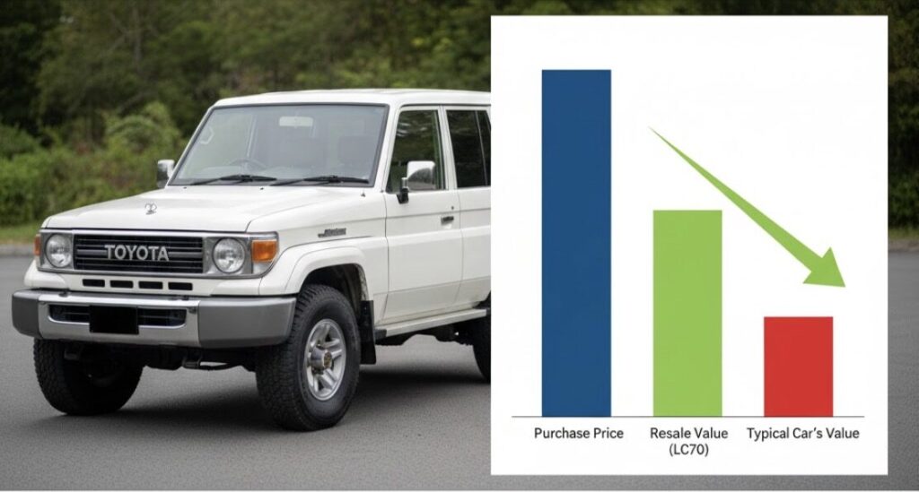 ランドクルーザー70の車体と、その圧倒的な再販価値（リセールバリュー）の高さを視覚化したグラフ