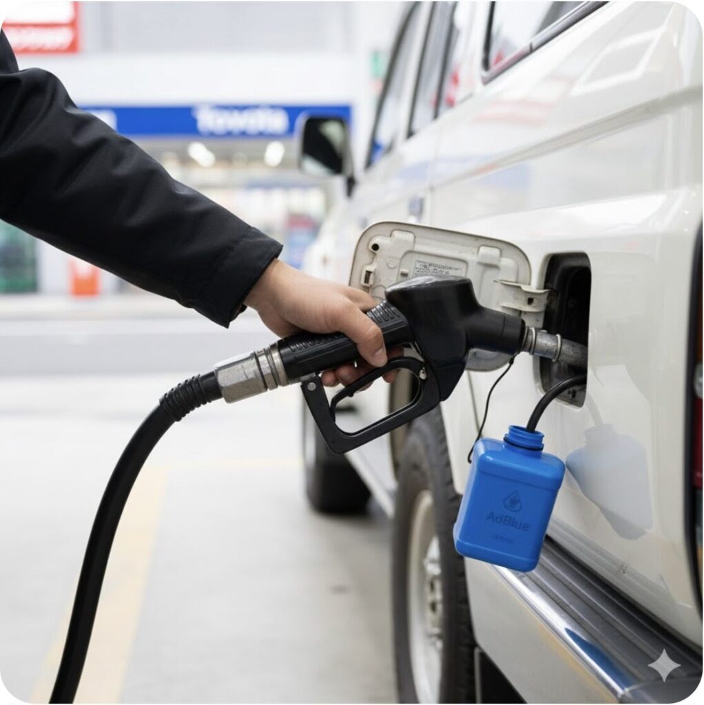ランドクルーザー70への給油と、クリーンディーゼル特有のAdBlue（尿素水）の管理を示す画像