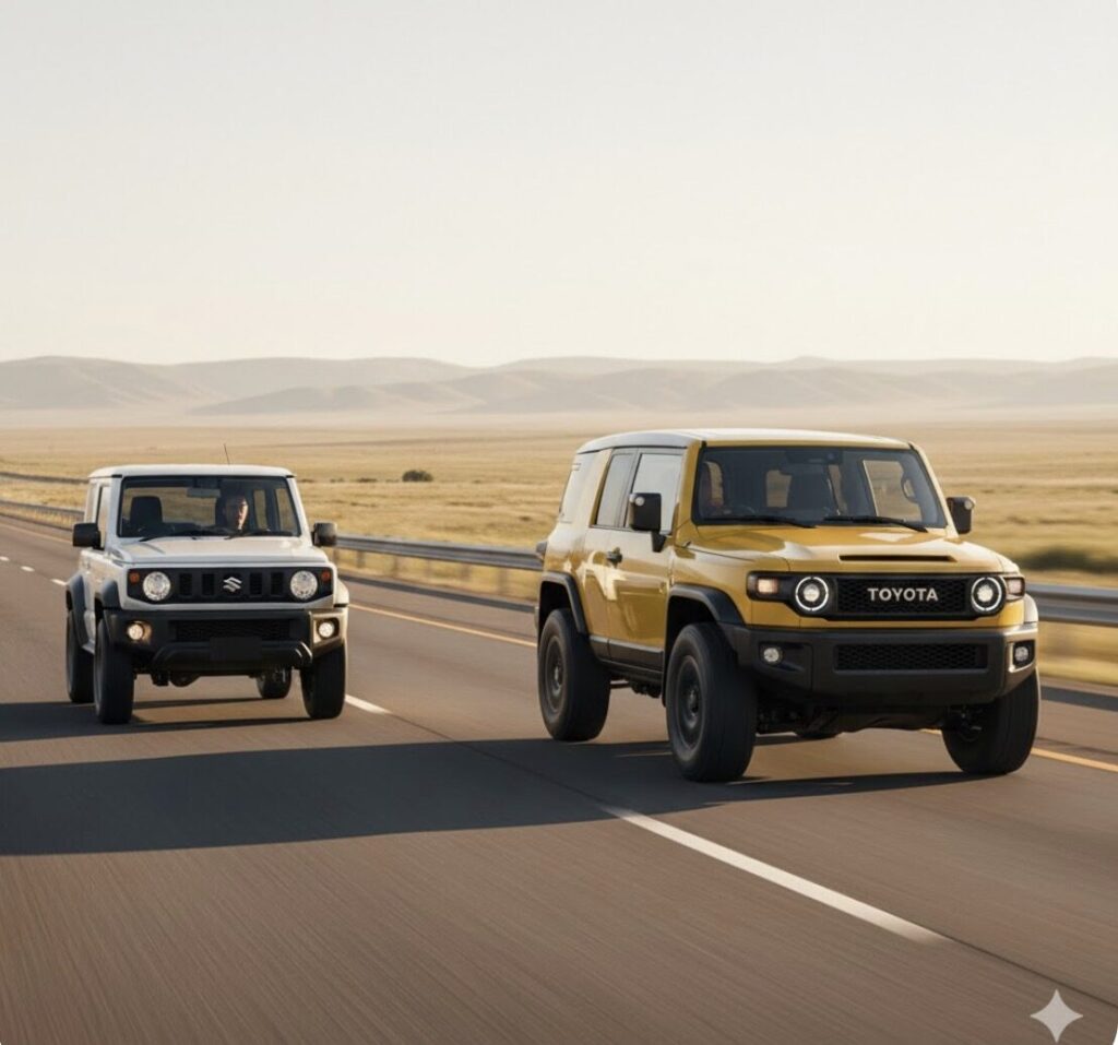 ランドクルーザーFJが高速道路を安定して走行している様子。ジムニーシエラと比較した際の、ワイドトレッドによる高速巡航の快適性と安定性を表現。