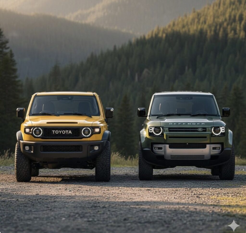 ランドクルーザーFJとランドローバー・ディフェンダーを並べて比較した画像