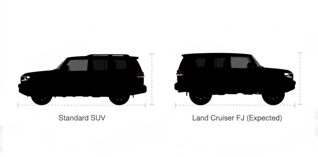 ランドクルーザーFJの予想シルエットと、一般的な乗用SUVのシルエットを比較した画像。FJの全幅と全高の比率による「ずんぐりむっくり」としたプロポーションを強調
