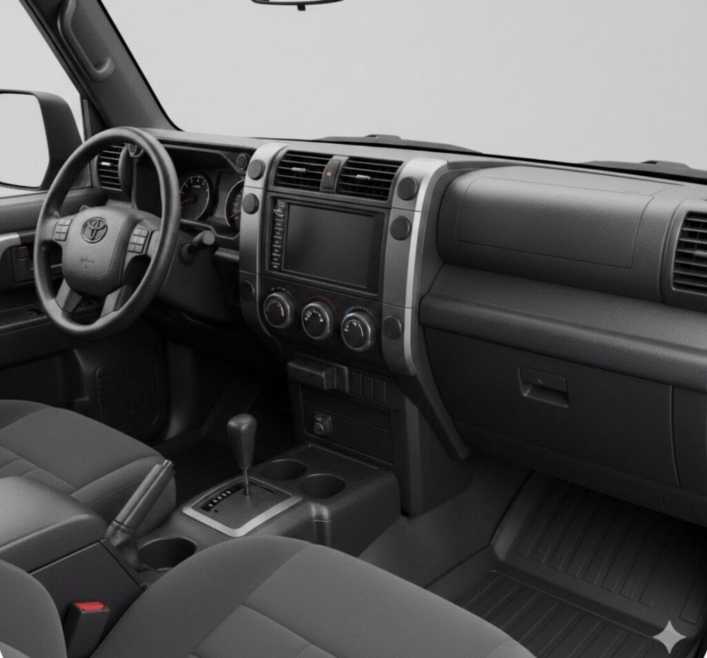 ランドクルーザーFJを予想した、ハードプラスチック製のインパネと大型の物理スイッチが特徴の機能的な内装。高級感よりも耐久性と実用性を重視したデザイン
