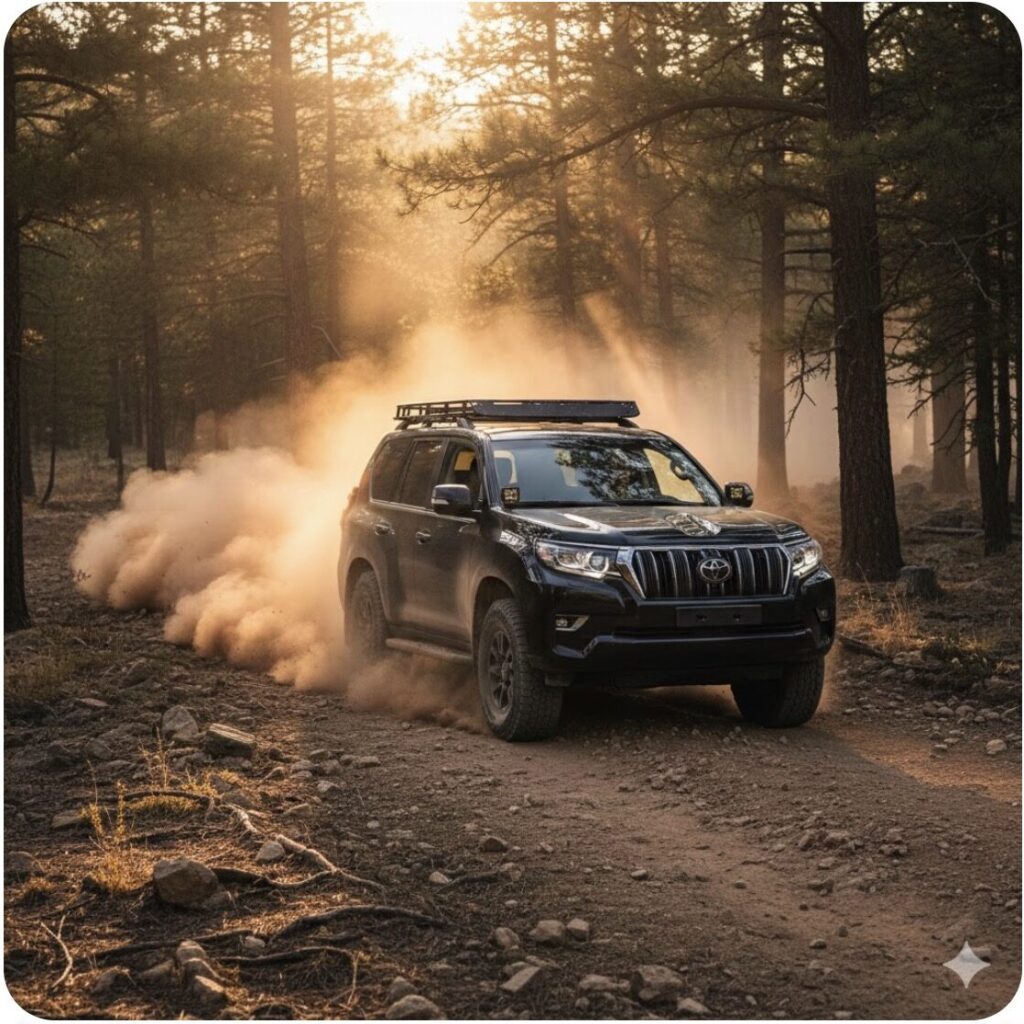 ランドクルーザープラド150後期型ディーゼルがオフロードを力強く走行している様子。本格的なSUV性能と「陸の王者」のイメージ。