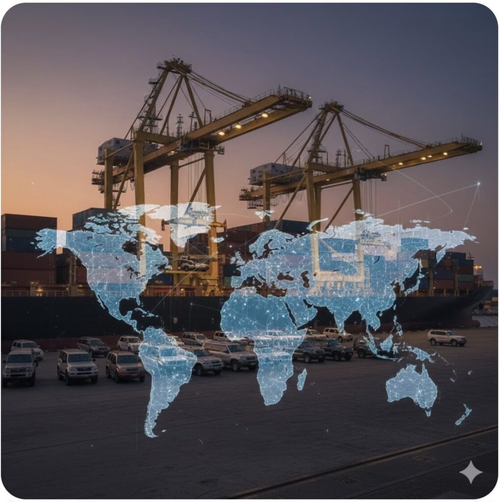 ランドクルーザープラドがコンテナ船に積み込まれる港の様子。世界的な海外輸出需要による驚異的なリセールバリューの高さを示す。