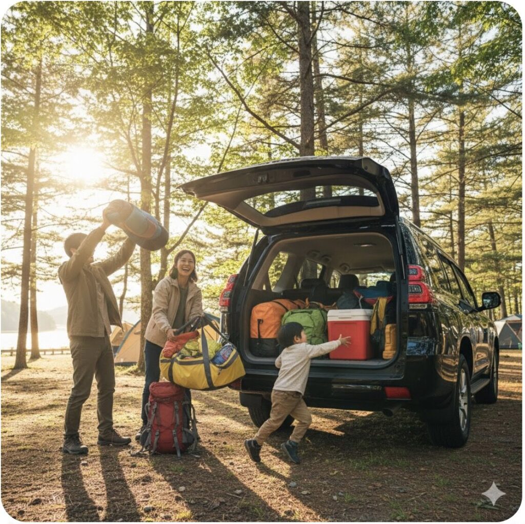 ランドクルーザープラドの広いラゲッジスペースにキャンプ道具を積み込む日本人家族。アウトドアや趣味での使用に最適なライフスタイルイメージ。