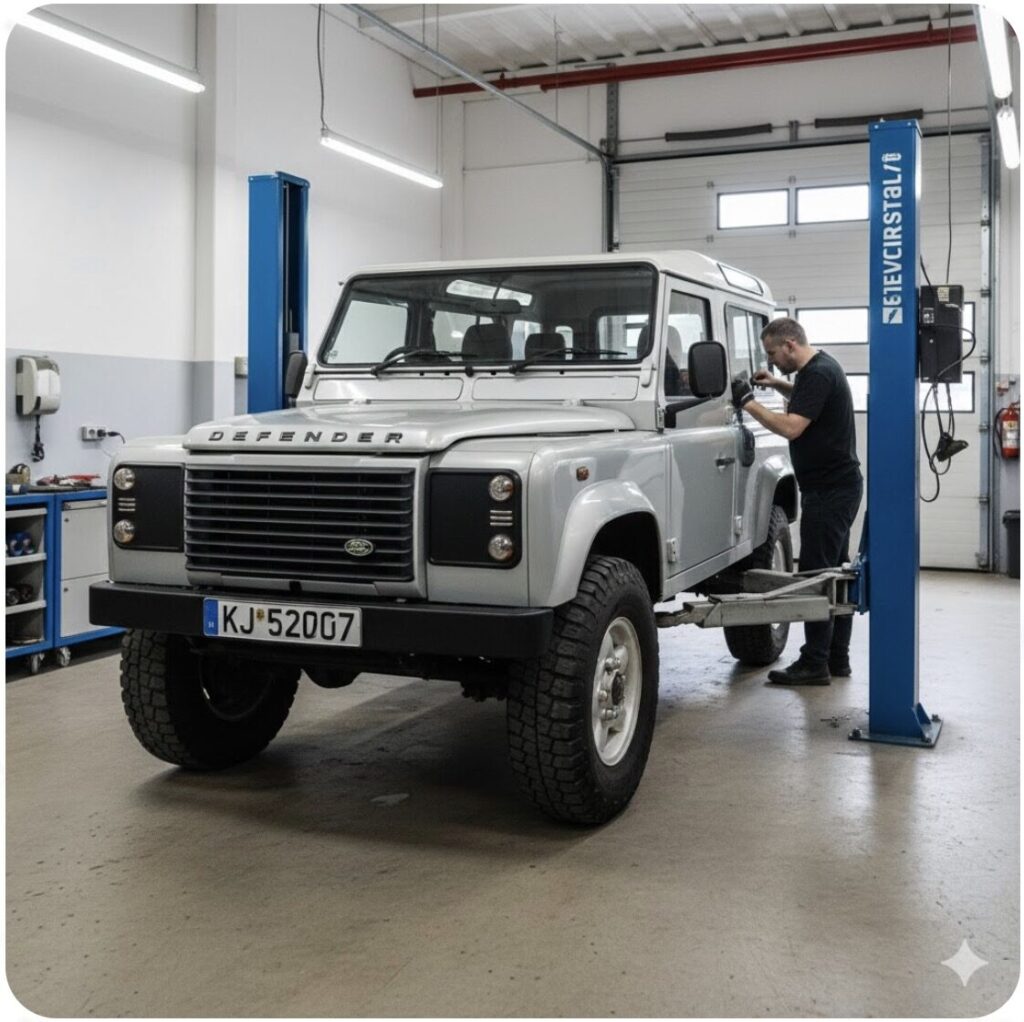 ランドローバー ディフェンダーの修理に特化した専門店のガレージ。リフトアップされたディフェンダーの整備を、熟練した技術者が行っている様子。