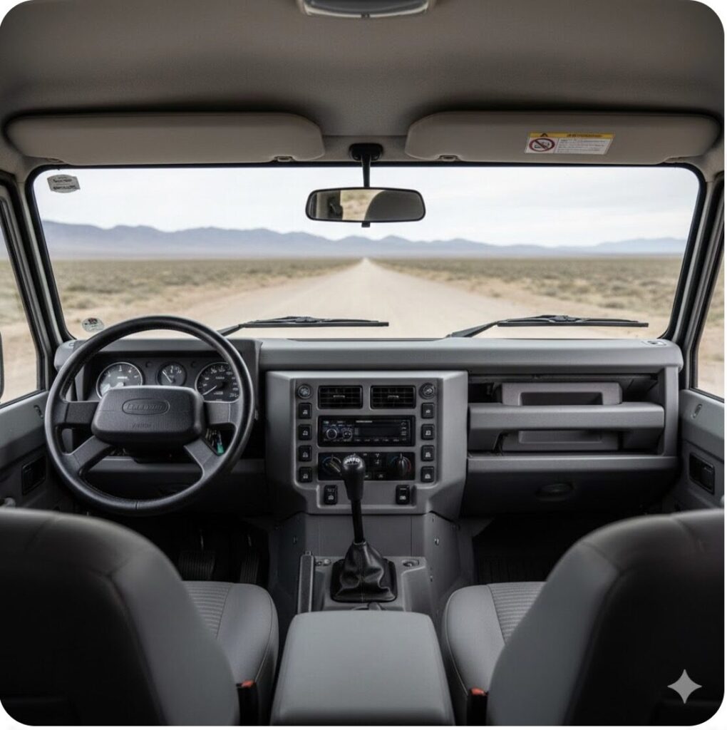 ランドローバー ディフェンダー旧型（Pumaモデル）の運転席からの内装。改良された樹脂製ダッシュボードと厚みのあるフロントシートが確認できる。