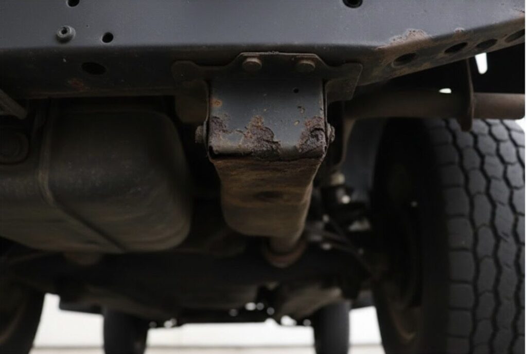 ランドローバー ディフェンダー旧型の下回り、特に錆びやすいスチール製リアクロスメンバーに焦点を当てた画像。購入時に確認すべき深刻な腐食箇所を示す。