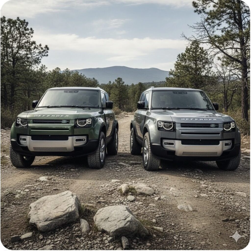 ランドローバーディフェンダー90と110のサイズ感とグレード別特徴を比較するための、オフロードでの走行イメージ図。