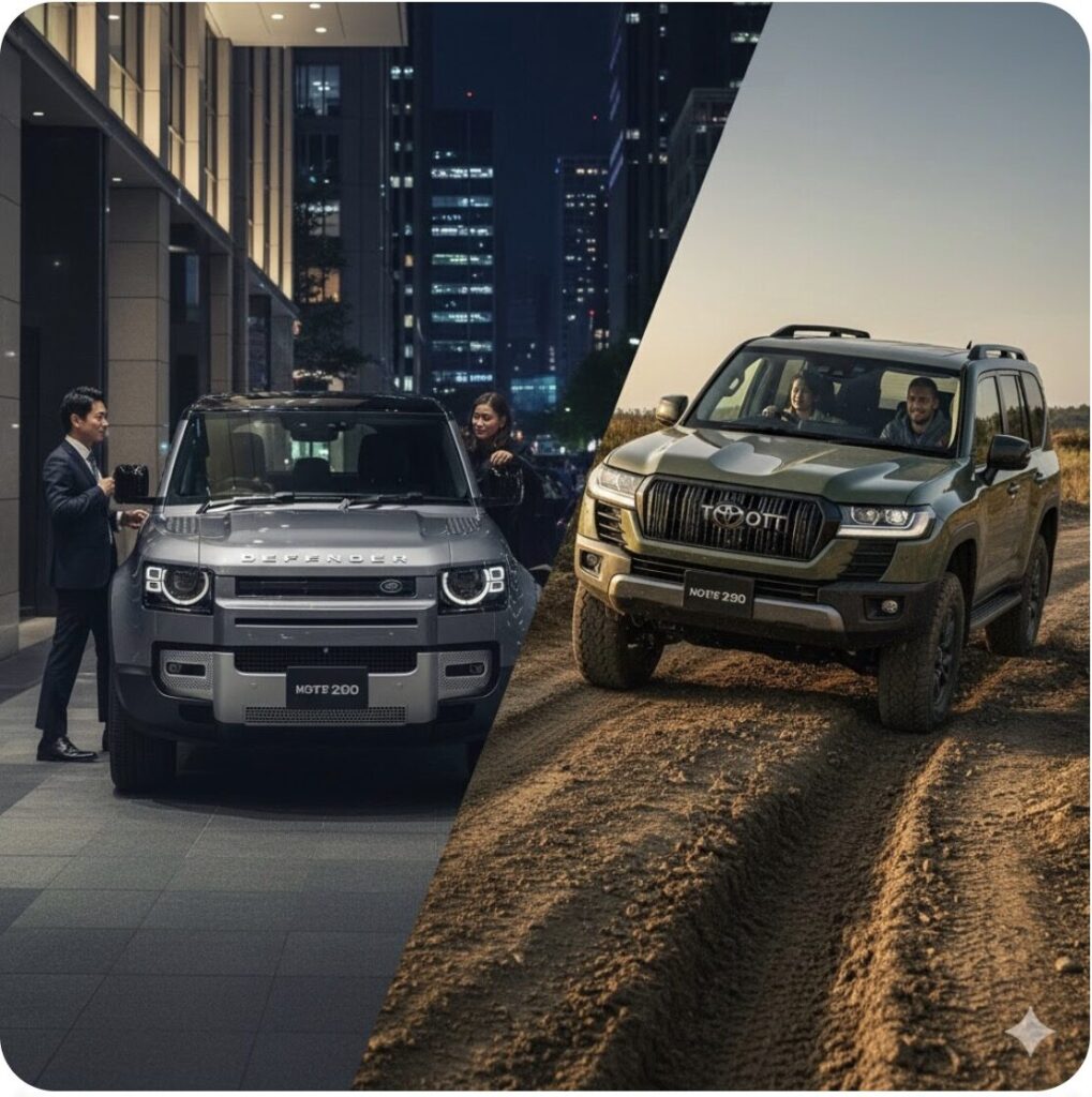 ランドローバーディフェンダーとトヨタ・ランドクルーザー250が持つ世界観の対比。ディフェンダーは都市的な洗練を、ランクル250は無骨な実用性を象徴している。