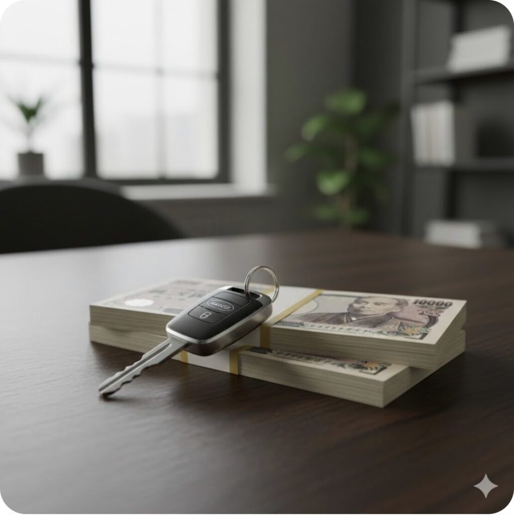 ランドローバーディフェンダーの鍵と積み重ねられた日本円の札束。高すぎるリセールバリューにより資産価値が高いことを表現したビジネスイメージ。