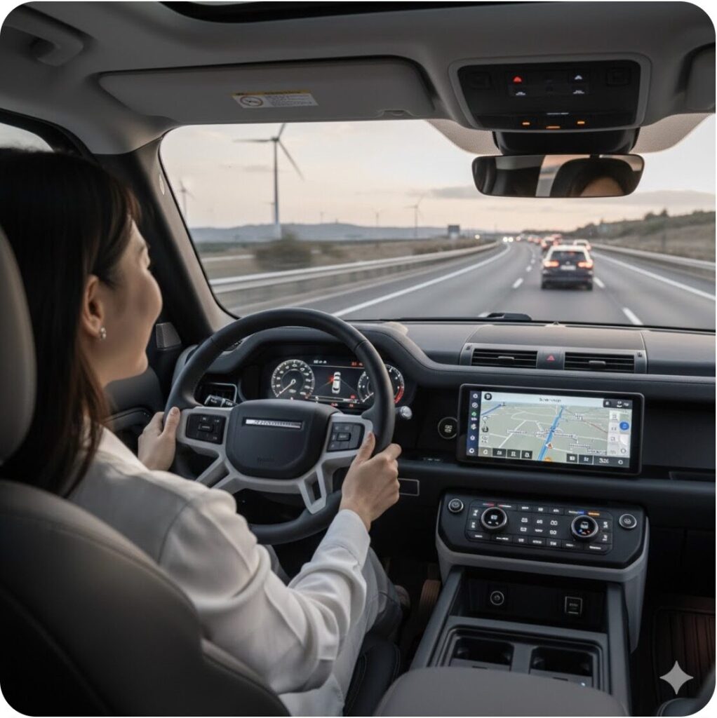 ランドローバーディフェンダー（ディーゼルモデル）が高速道路を走行するイメージ。長距離運転でもリッター10km以上を達成する経済性と静粛性の高さを表現。