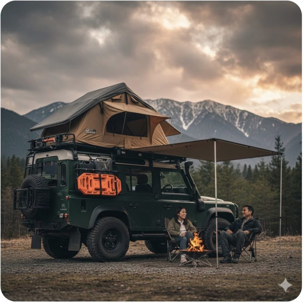 ルーフトップテントとシュノーケルを装備し、キャンプ地で停車しているランドローバー ディフェンダー110。オーバーランド（冒険旅行）カスタムスタイルのイメージ。