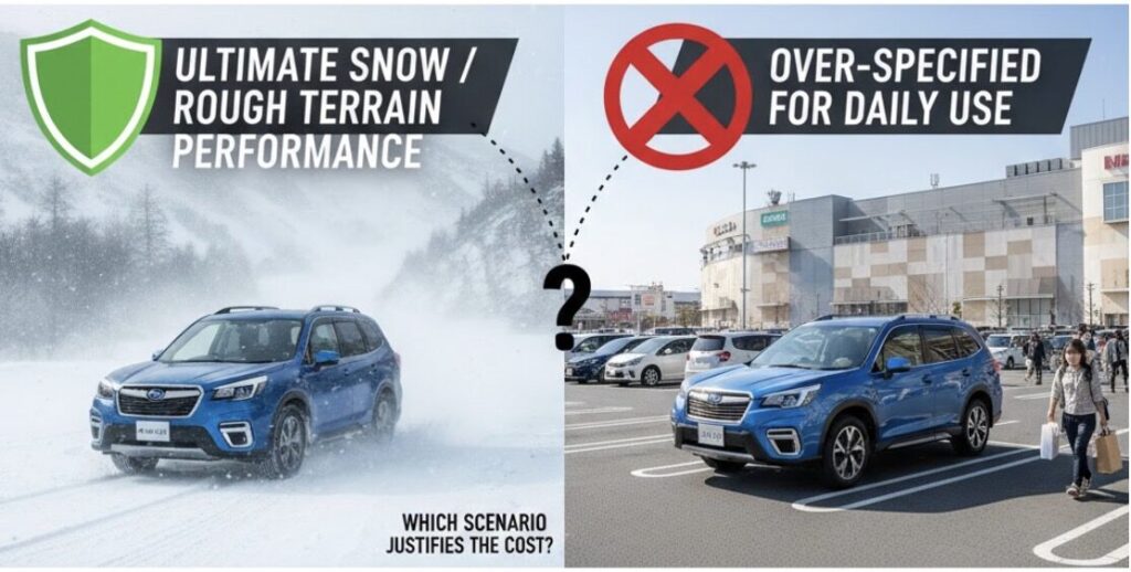 一方の画面ではスバル車が雪道を力強く走行し、もう一方の画面では同じスバル車が舗装されたショッピングモールの駐車場に停まっており、高性能が日常ではオーバースペックになるという問いかけを表現