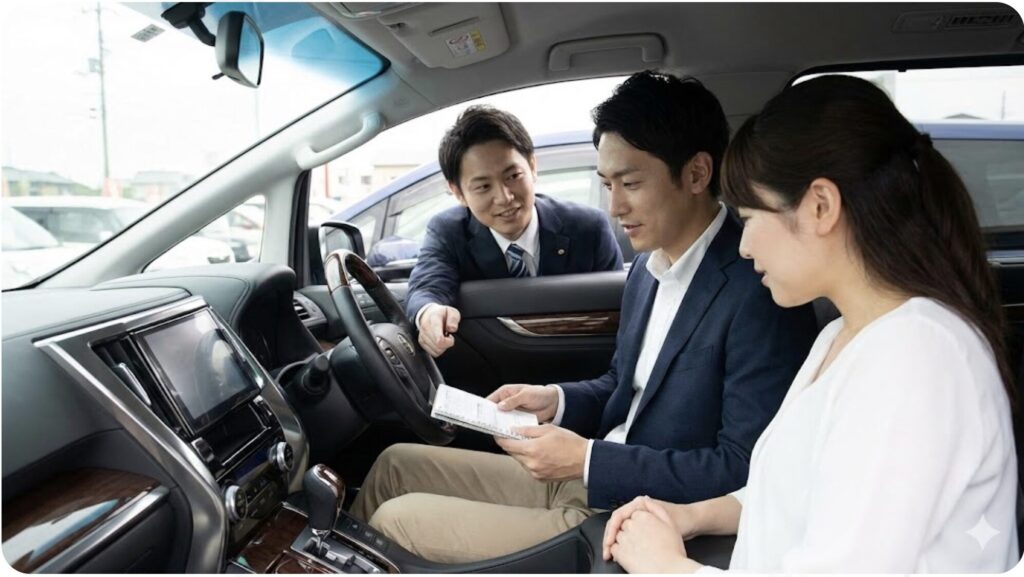 中古車販売店で、20系アルファードの実車確認を行う日本人夫婦と販売店スタッフ。スタッフが整備記録簿を見せながら、車両の状態について説明している。購入前の重要チェックポイントを実践している様子。