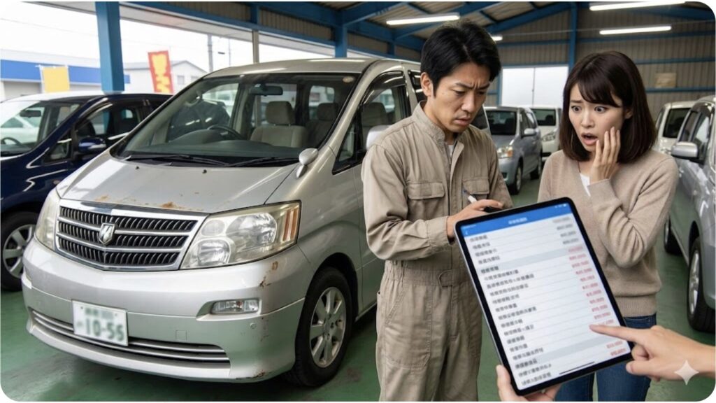 中古車販売店の整備工場で、古い10系アルファードの前に立つ整備士と顧客。整備士がタブレットで高額な修理見積もりを見せ、顧客が驚いた表情をしている。安価な古い車両に潜む高額修理リスクを表現している。