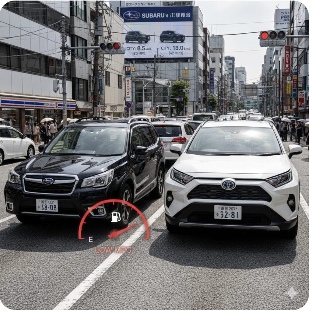 信号待ちで停車している日本の都市部の交通渋滞の中、スバル車と他社SUVが並び、スバル車のガソリンメーターが低燃費を示している