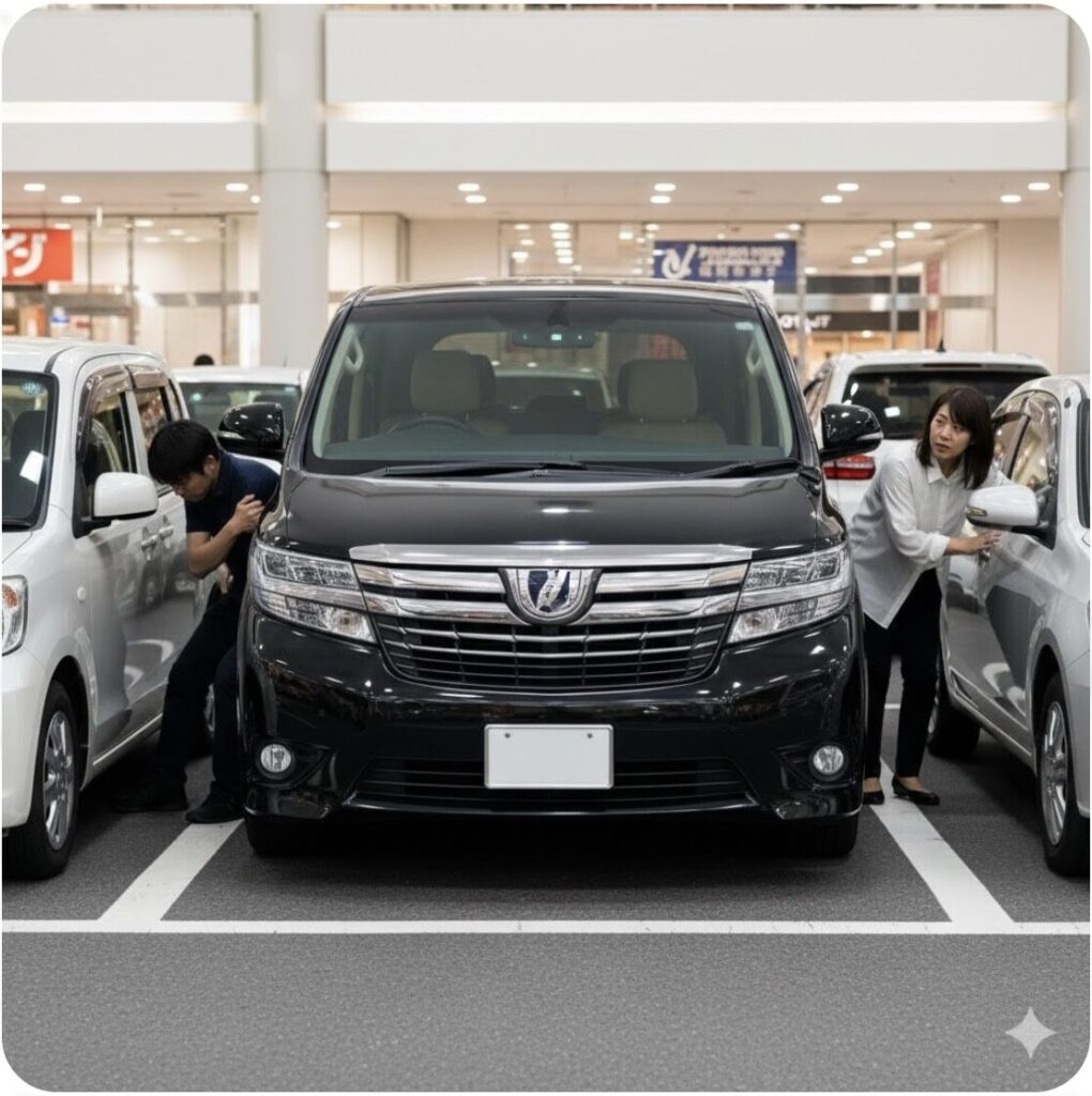 全幅1.85mのアルファードが日本の一般的な狭い駐車場（2.5m幅）に駐車されており、隣の車との間にわずかな隙間しかなく、ドアパンチのリスクが高い状況。