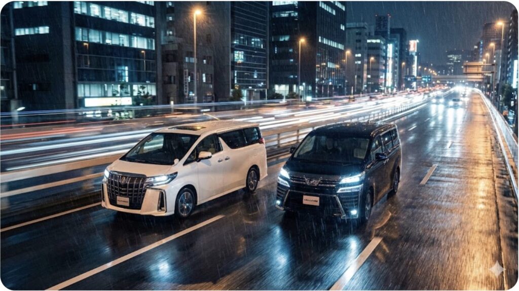 圧倒的な人気を誇るアルファードと、情熱的なファンに支持されるヴェルファイアが高級ミニバンとして並走する様子。