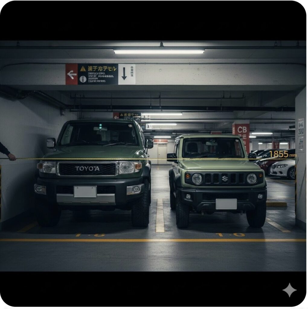 地下駐車場で、新型ランドクルーザーFJ（左）とジムニーシエラ（右）が並んでおり、新型FJの全幅を測定するメジャーが伸びている。