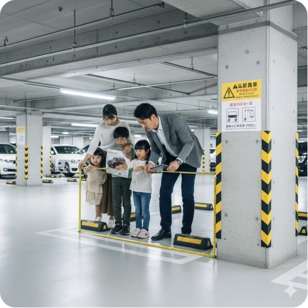 地下駐車場で、日本人家族が新型ランドクルーザーFJのカタログを見ながら駐車スペースのサイズをメジャーで測っている。