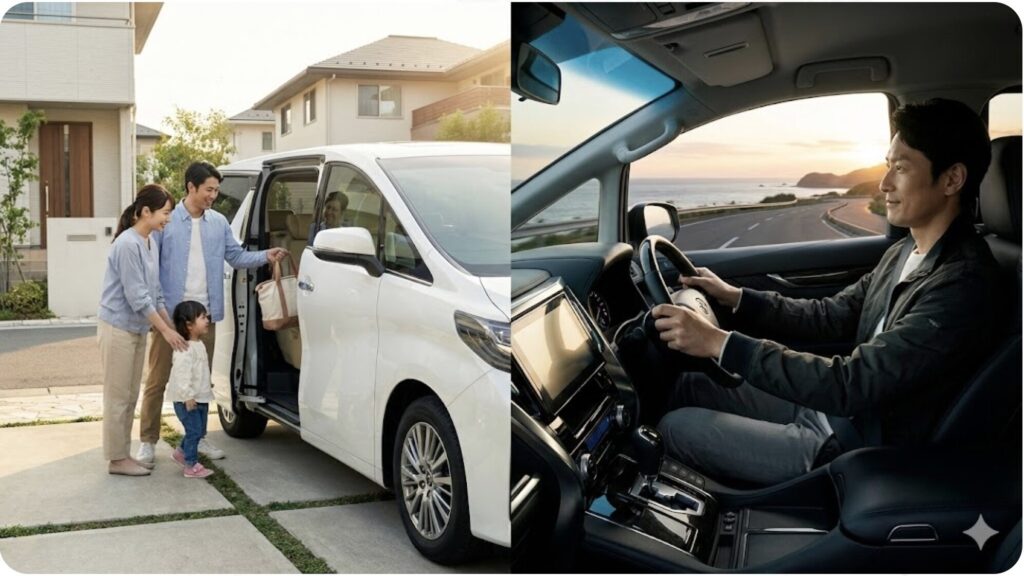 家族を乗せて快適にドライブするシーンと、一人で運転を楽しむシーンを比較し、車種選びの目的の違いを示す。