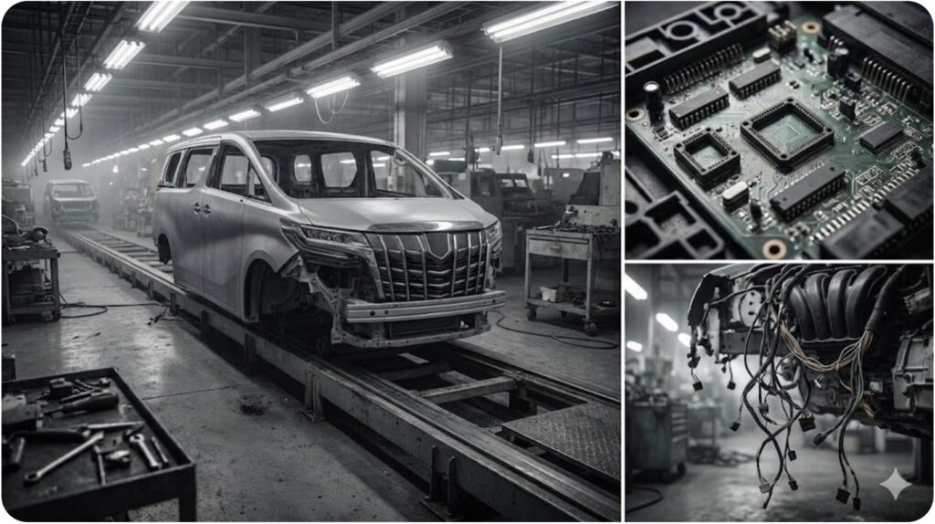 工場の生産ラインで、多数の自動車部品（特に半導体チップやワイヤーハーネス）が不足している状況を表現したイメージ。