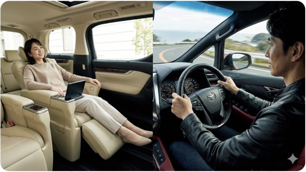 後席の快適性を重視してリラックスする乗員（アルファード）と、運転を楽しむドライバー（ヴェルファイア）のイメージ対比。