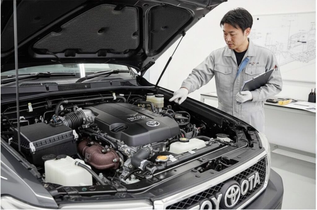 整備服を着た日本人のエンジニアが、開かれた新型ランドクルーザーFJのボンネットから2.7Lガソリンエンジンを点検している。