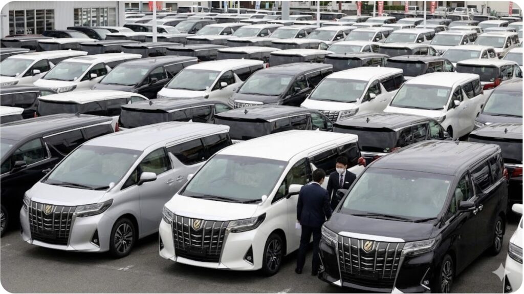 新型40系アルファードへの乗り換えが進み、下取りされた大量の30系アルファードが並ぶ中古車販売店の展示場の様子。供給過多による価格下落の背景を視覚的に示している。