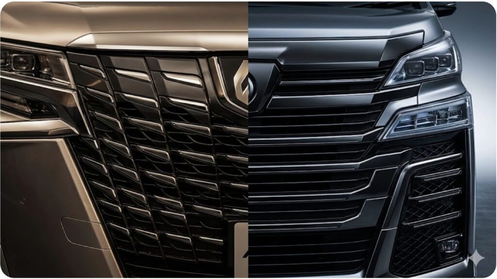 新型アルファード（左）と新型ヴェルファイア（右）のフロントグリルデザインを比較した接写。アルファードは威厳、ヴェルファイアはスポーティな印象。