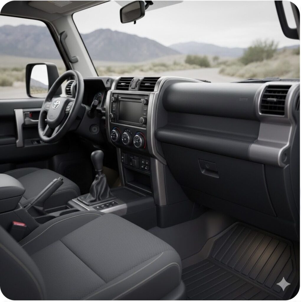 新型ランドクルーザーFJの機能性を重視したインテリア。物理スイッチが配置された水平基調のダッシュボードとシンプルなシートが写っている。