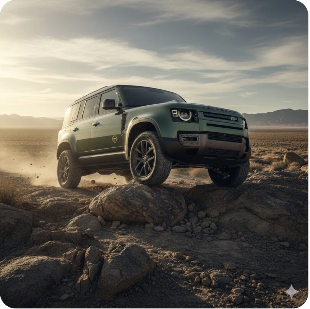 新型ランドローバーディフェンダーOCTAが「6D Dynamics」サスペンションシステムにより、過酷な岩場でも車体を安定させて走行している様子の技術イメージ。