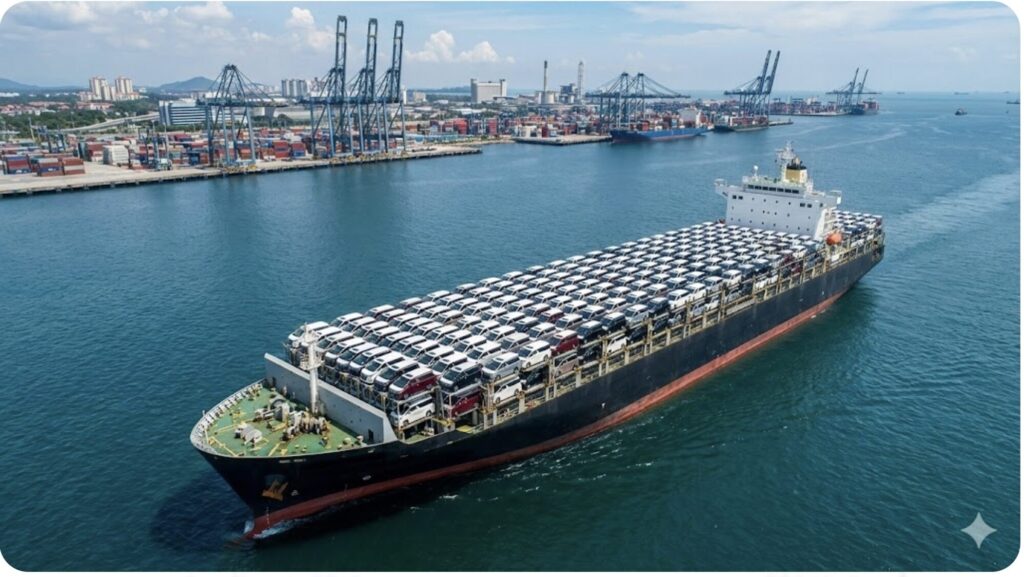 日本からマレーシアへアルファードが輸出される様子。船に積まれ海を渡るアルファードと、マレーシアの港の風景。