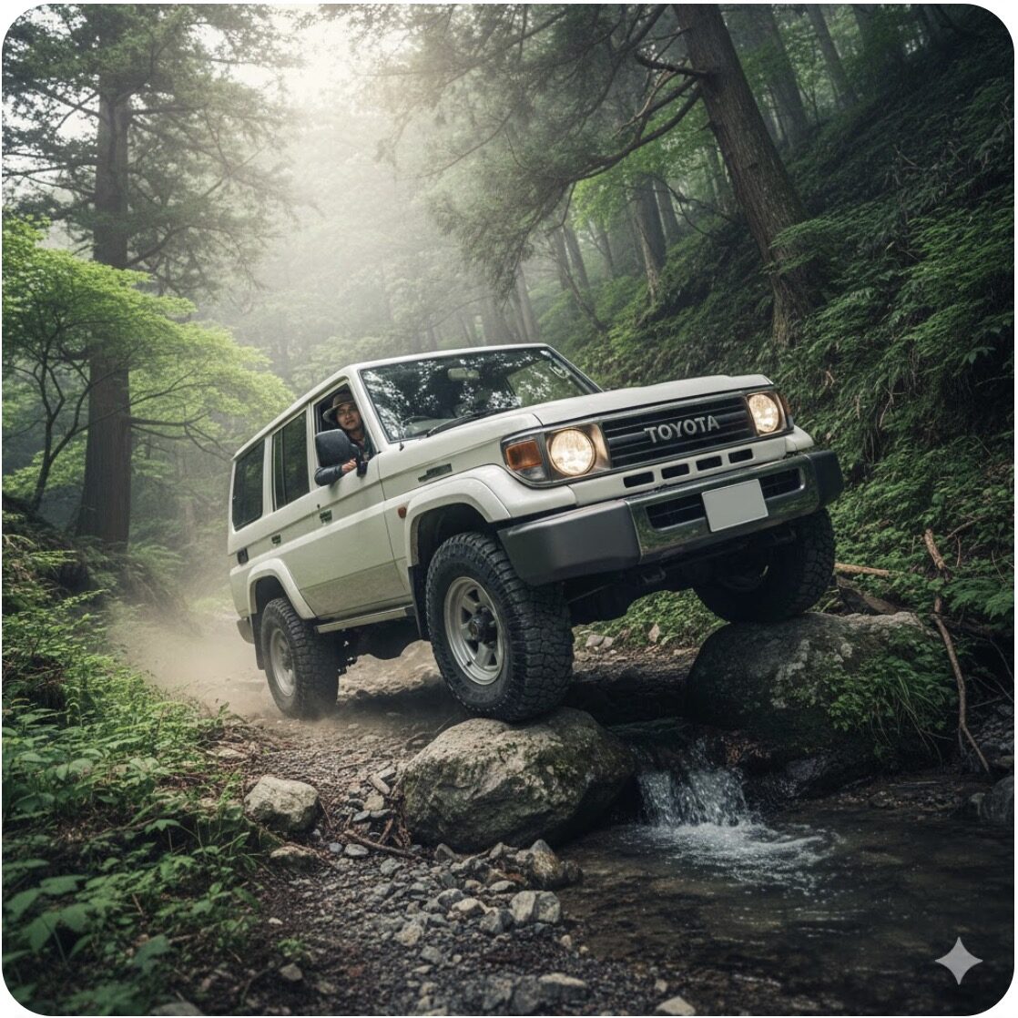 日本の自然の中で、ランクル70が未舗装の険しい道を力強く走行する様子