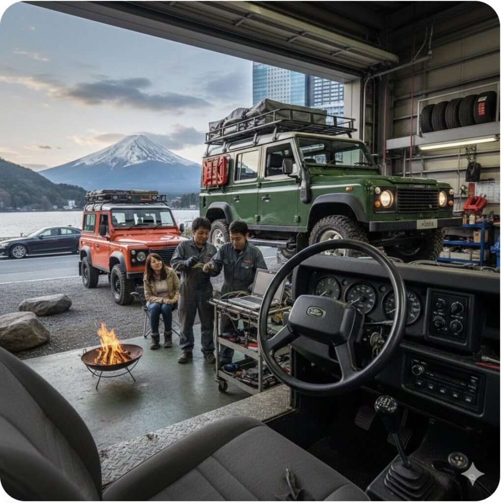 日本の街中で圧倒的な存在感を放つ、角ばったシルエットのランドローバー ディフェンダー旧型（110モデル）。無骨でクラシックなデザインが特徴。