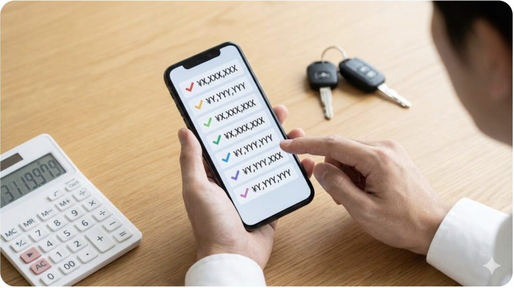 日本人男性がスマートフォンで複数の車買取店の査定額を比較している様子。手元には電卓があり、賢く下取り交渉を進める姿を表現。