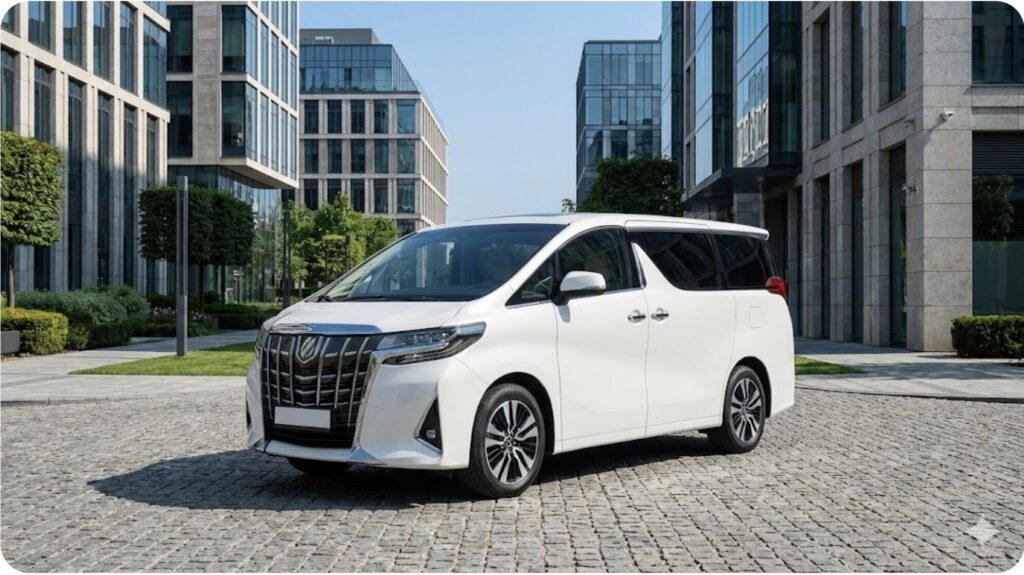 洗練されたデザインの40系アルファードが、青空とモダンな街並みを背景に駐車されている風景。この車が単なる移動手段以上の価値を持つことを示唆する。