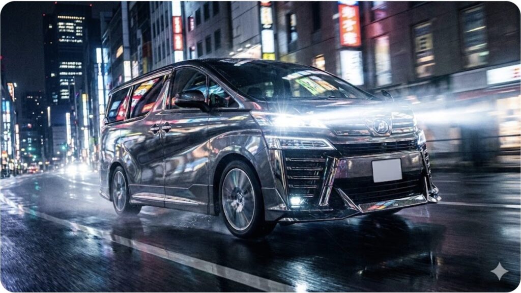 洗練された新型ヴェルファイアが、夜の街を背景に力強く走っている様子。都会的でスポーティな印象を強調している。