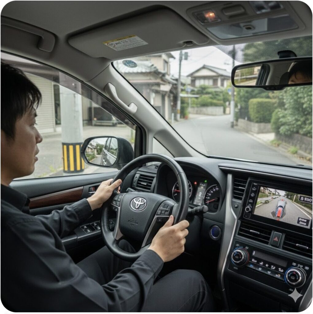 狭い路地を左折する際、ホイールベースの長さにより後輪が縁石や低いポールに接触しそうになっている様子。大型車特有の内輪差による運転の難しさ。