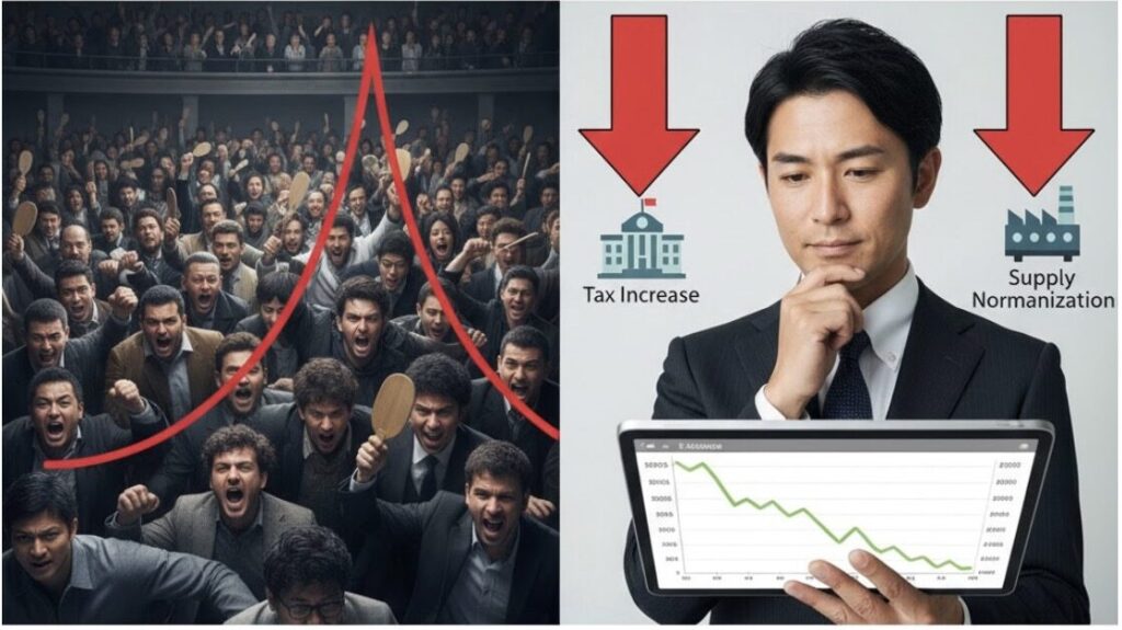 異常なバブル相場が終息し、輸出関税の引き上げとメーカーの供給正常化によって適正価格へ移行する市場の様子をグラフで示す日本人男性。