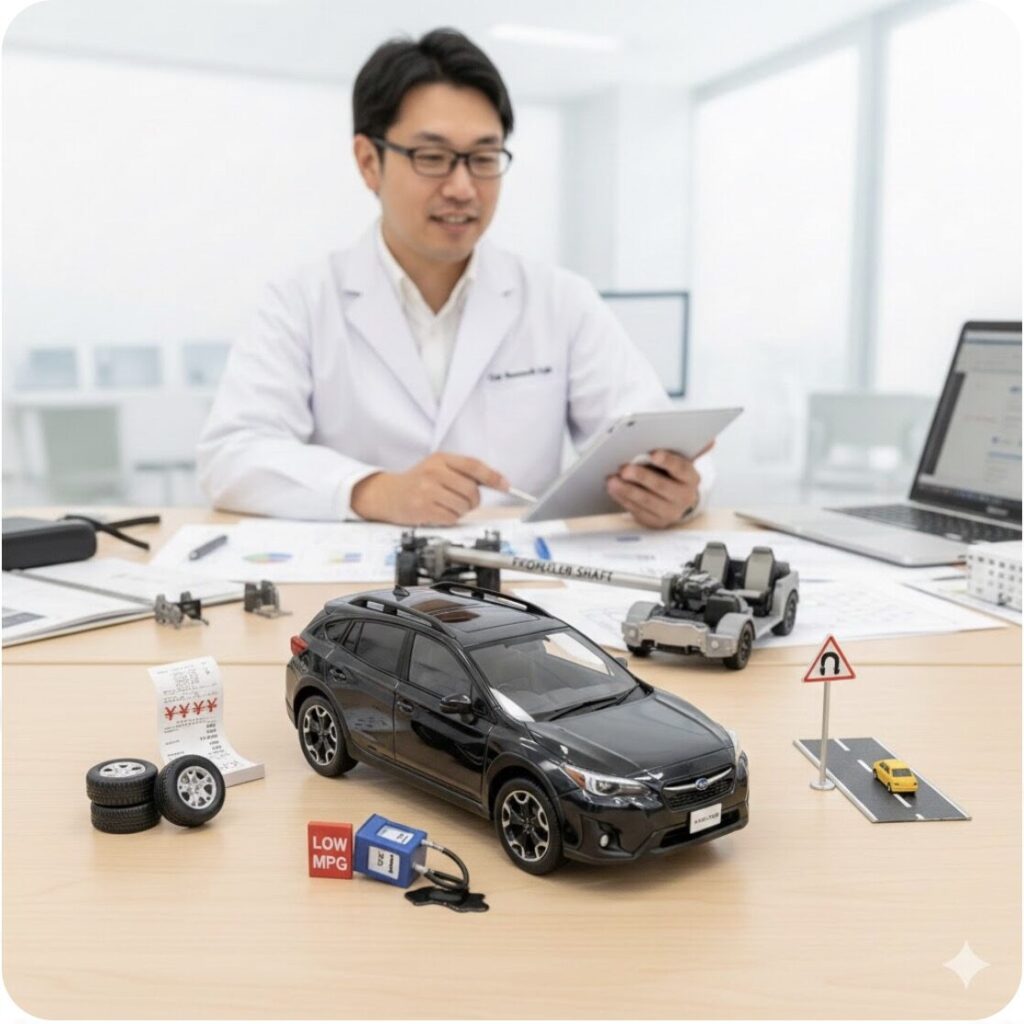 白衣を着た日本人の男性がタブレットを持ち、机の上にはスバル車とタイヤ、燃料ポンプ、カーブの標識の模型が配置されており、車の維持費や燃費、取り回しに関する研究をしている様子