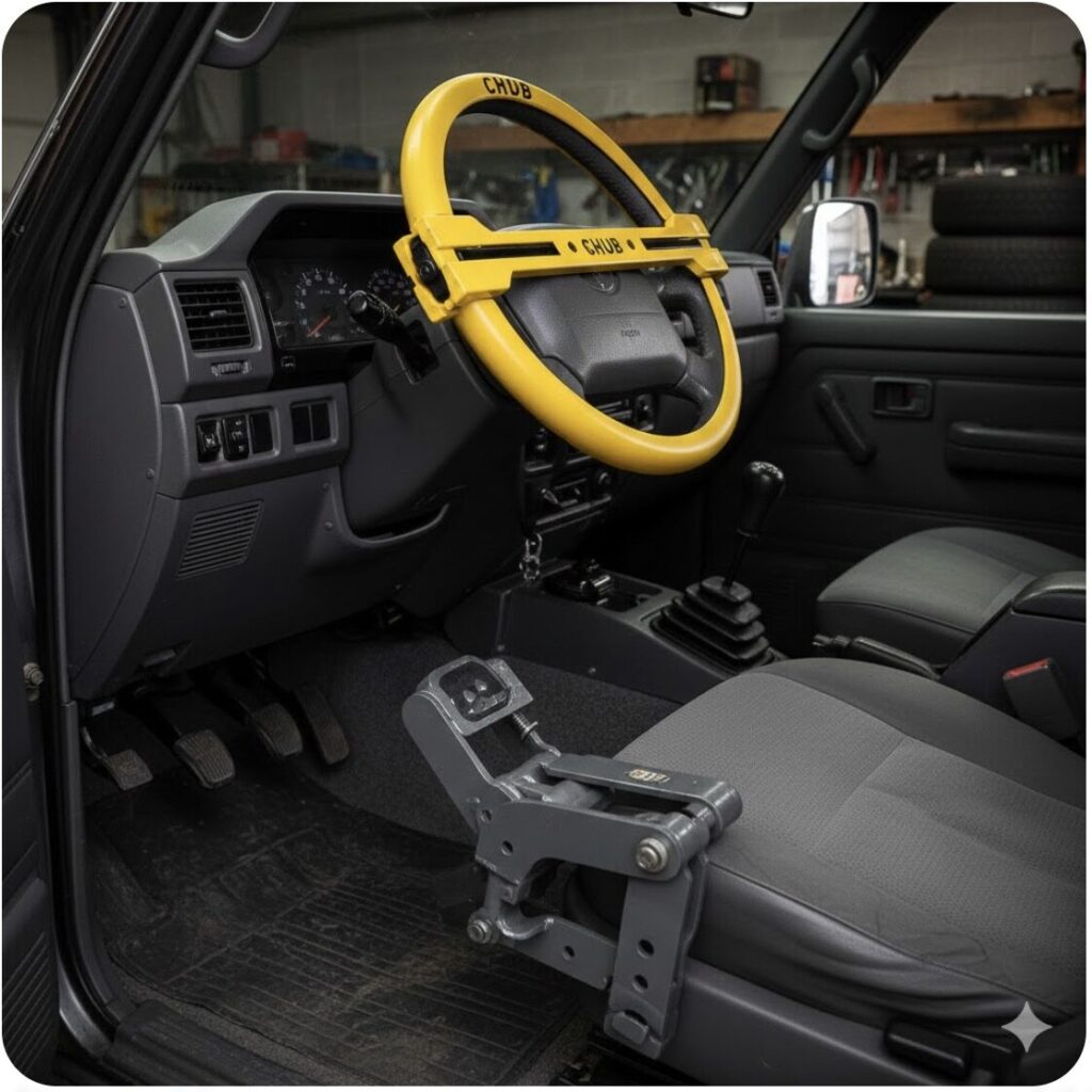 盗難リスクが高いランドクルーザー70の車内に取り付けられた複数のハンドルロックやペダルロックなどの防犯対策