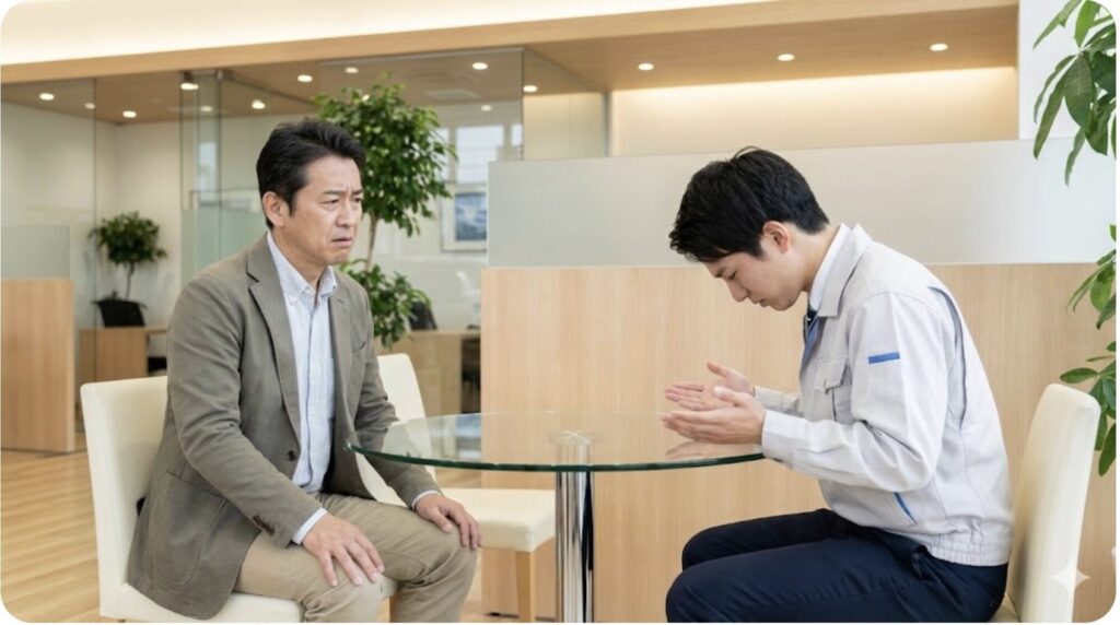 自動車ディーラーの商談スペースで、困惑した表情の日本人男性が営業担当者と話している。担当者は申し訳なさそうな顔で、手のひらを上に向けている。