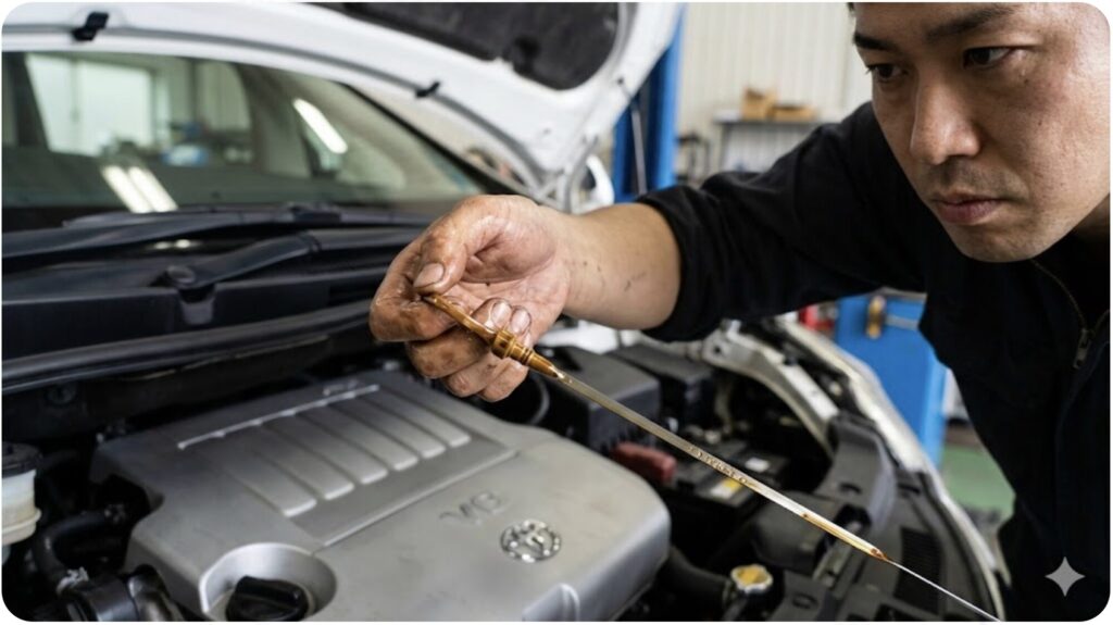 自動車整備工場で、20系アルファードのエンジンルームを点検する整備士の様子。オイルレベルゲージを引き抜き、オイル量が規定値より著しく減っていることを深刻な表情で確認している。